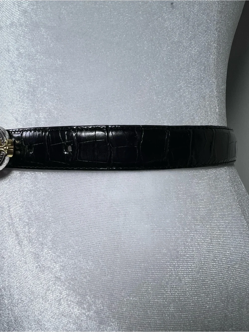 Brighton Women’s Black Croc Mixed Metals Silver & Gold Filagree Buckle Belt